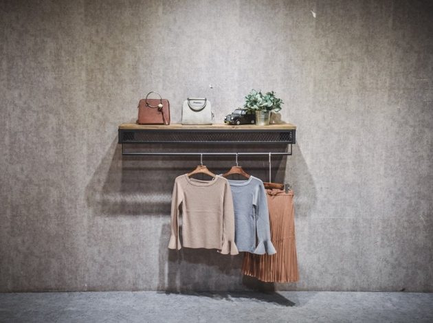 Industrial Wallmount Garment Rack With TImber Shelf Industrial Wallmount Garment Rack With TImber Shelf
